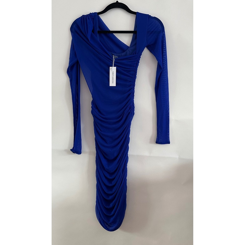 Naked Wardrobe Royal Blue Mesh Ruched One Shoulder Bodysuit Dress S NW-D4946-M